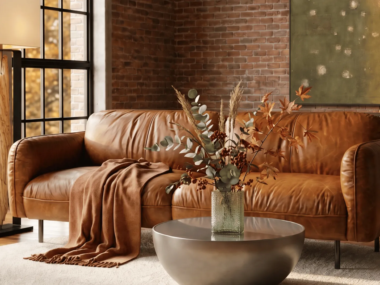 Wohnaccessoires auf einem Couchtisch vor einem Ledersofa